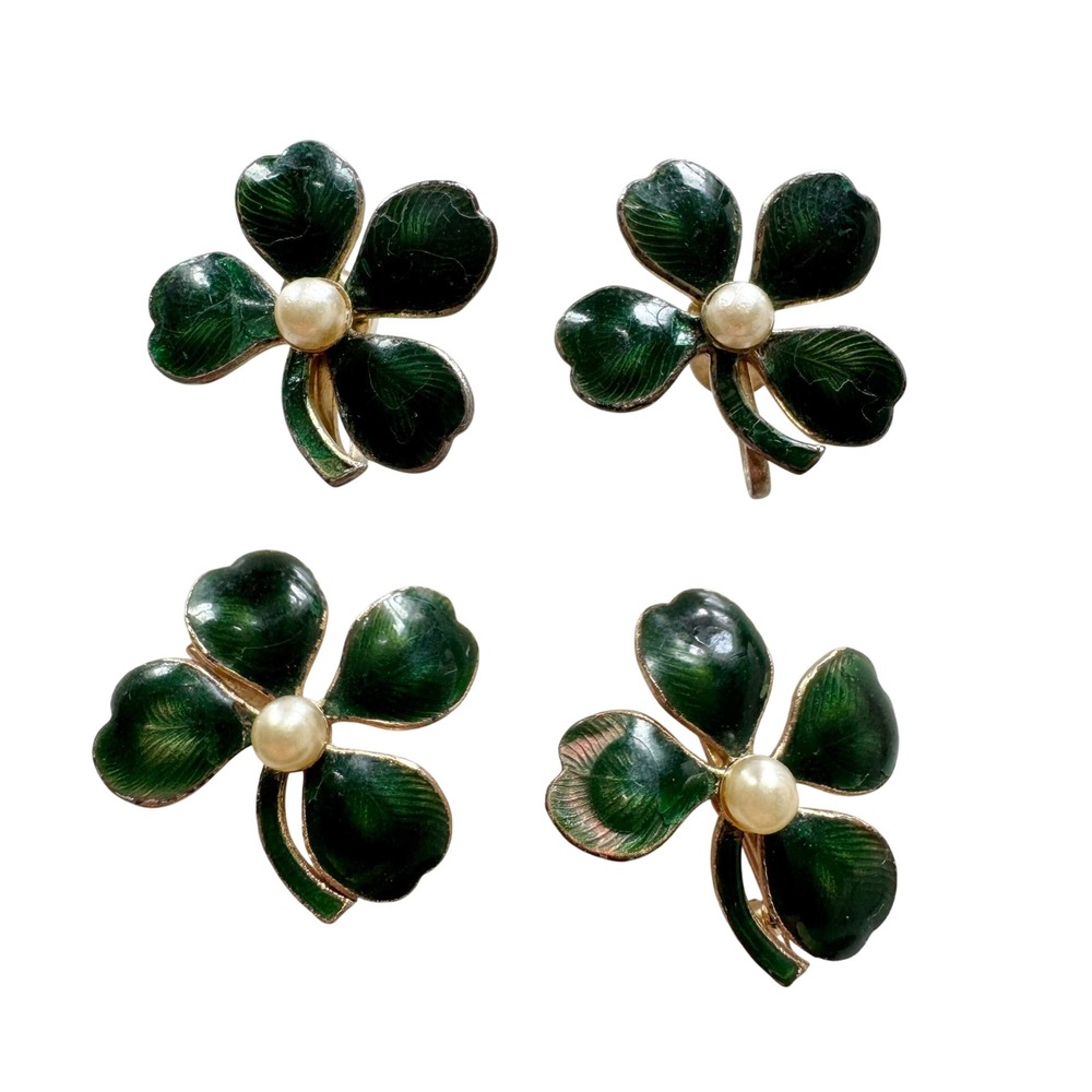 Vintage Coro‎ Green Enamel Shamrock Clover Faux Pearl Earrings and Pins Set